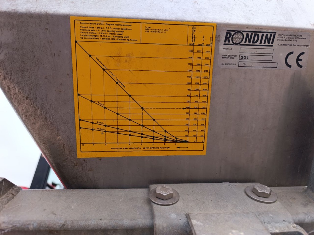 Spandiconcime usato Rondini SR 550/D.D. a doppio disco con convogliatori per scarico laterale in acciaio inox AISI 304, apertura manuale a doppio comando con leve meccaniche a distanza con cavi e cardano 